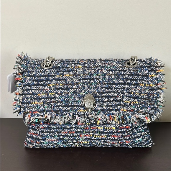 Kurt Geiger Tweed Large Kensington Bag Black Blue Shoulder Flap Closure NEW - Picture 6 of 16